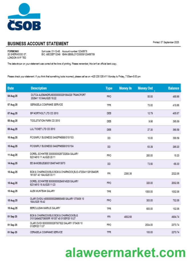 Ceskoslovenska Obchodni Banka business bank company statement Word and PDF format